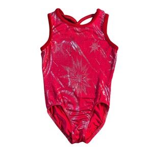 Kids Sparkle Red Gymnastics Dance Leotard Starburst Swirl Print Medium